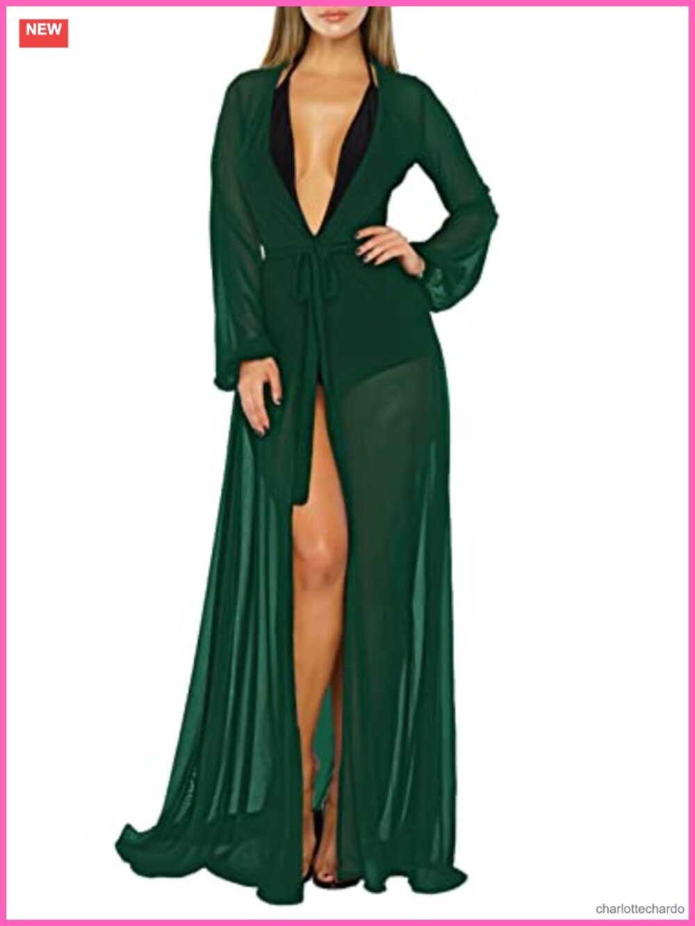Long Sleeve Flowy Maxi Swimsuit Cover Up Tie Front Robe Puff Sleeves